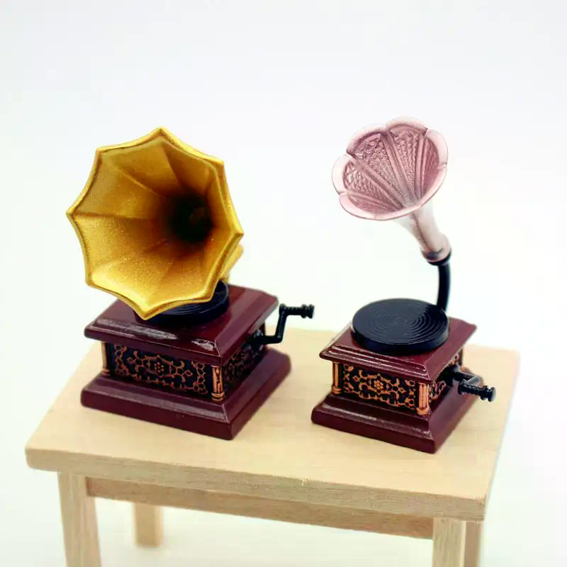 Vintage Collectible Dolls - Poppenhuis Vintage Fonograaf Miniaturen Model Woonkamer